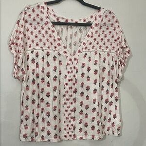 Lucky Brand Block Print Floral V-Neck Top  XL